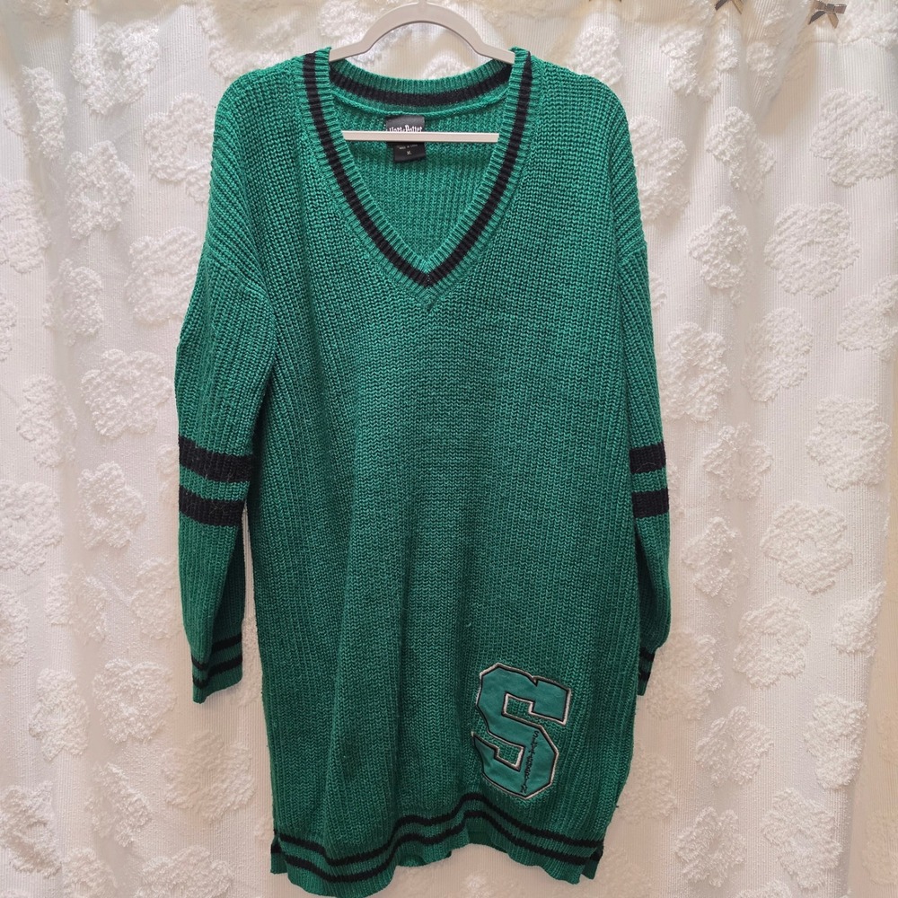 Harry Potter Slytherin Oversized Green‎ Sweater Dress XL V-Neck Varsity Stripe